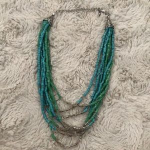 Blue, Green and Gray Multi-strand Seed Bead Necklace with Adjustable Clasp